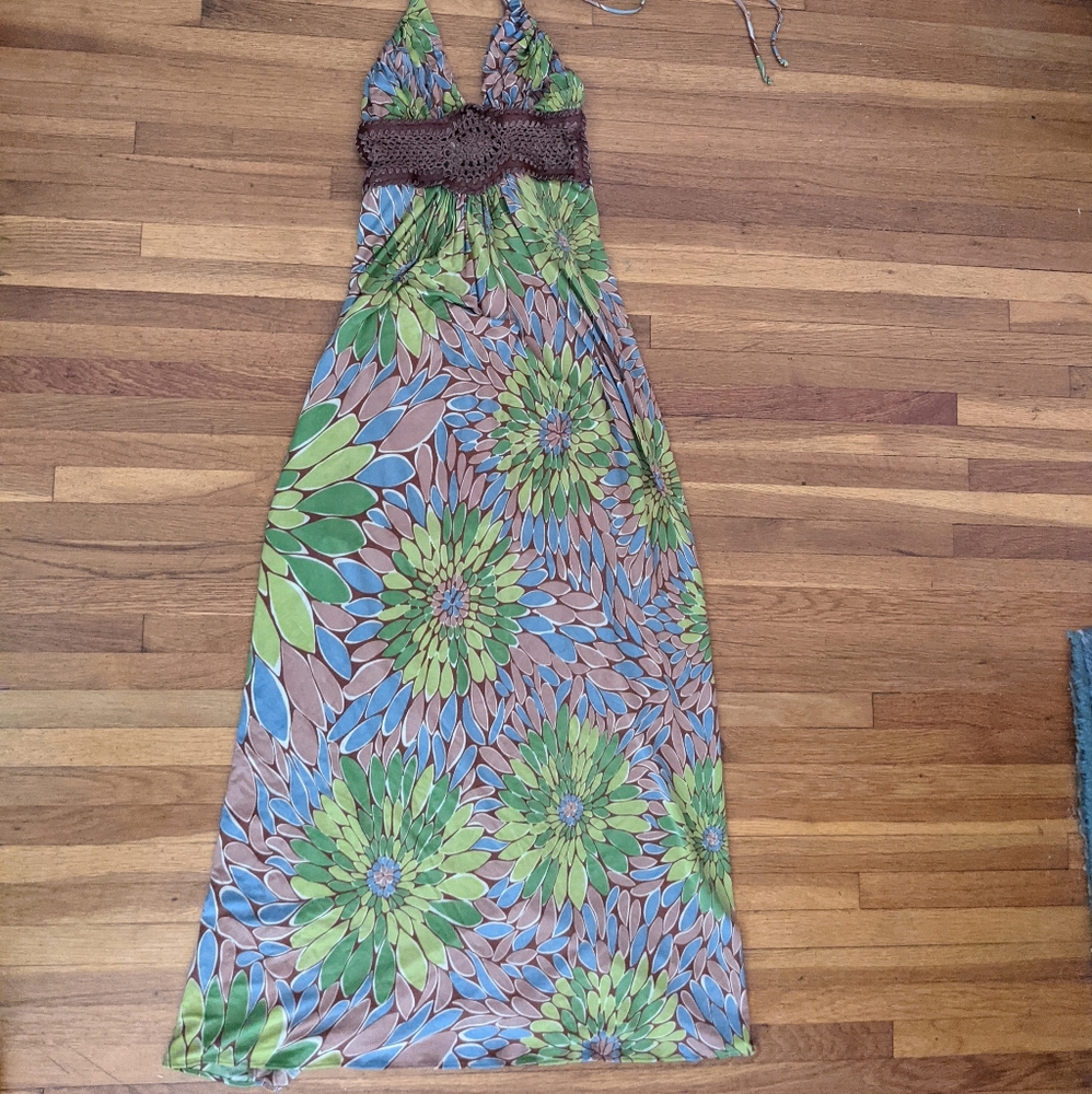 Sky Green Blue Brown Floral Maxi Dress